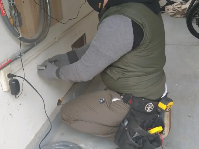 Electrician performing outlet wiring in a Melbourne Beach garage